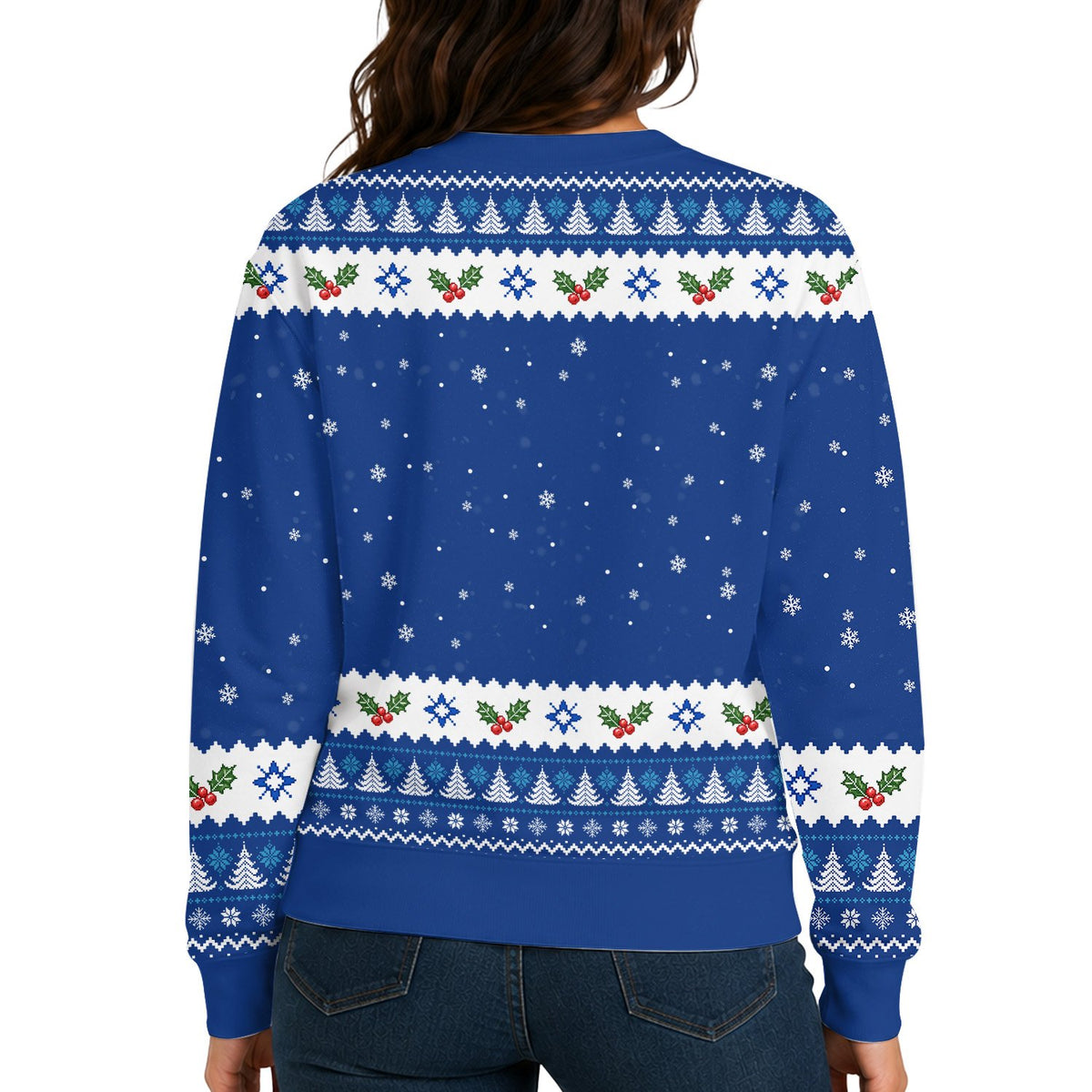 Detailed back view of the holiday sweater ugly printed knit texture design