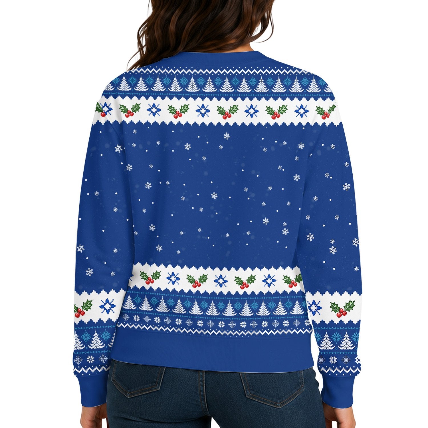 Detailed back view of the holiday sweater ugly printed knit texture design
