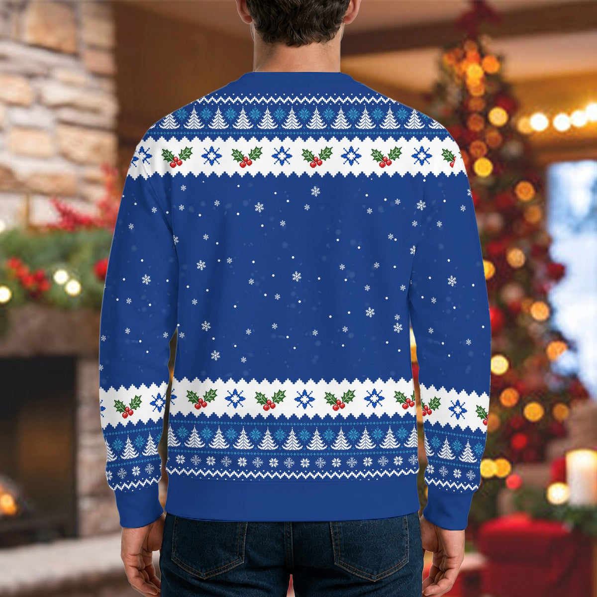 Another back view angle of the blue ugly holiday sweater