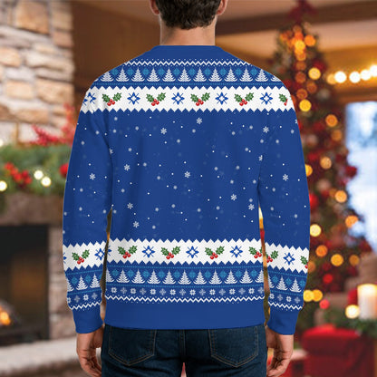 Another back view angle of the blue ugly holiday sweater
