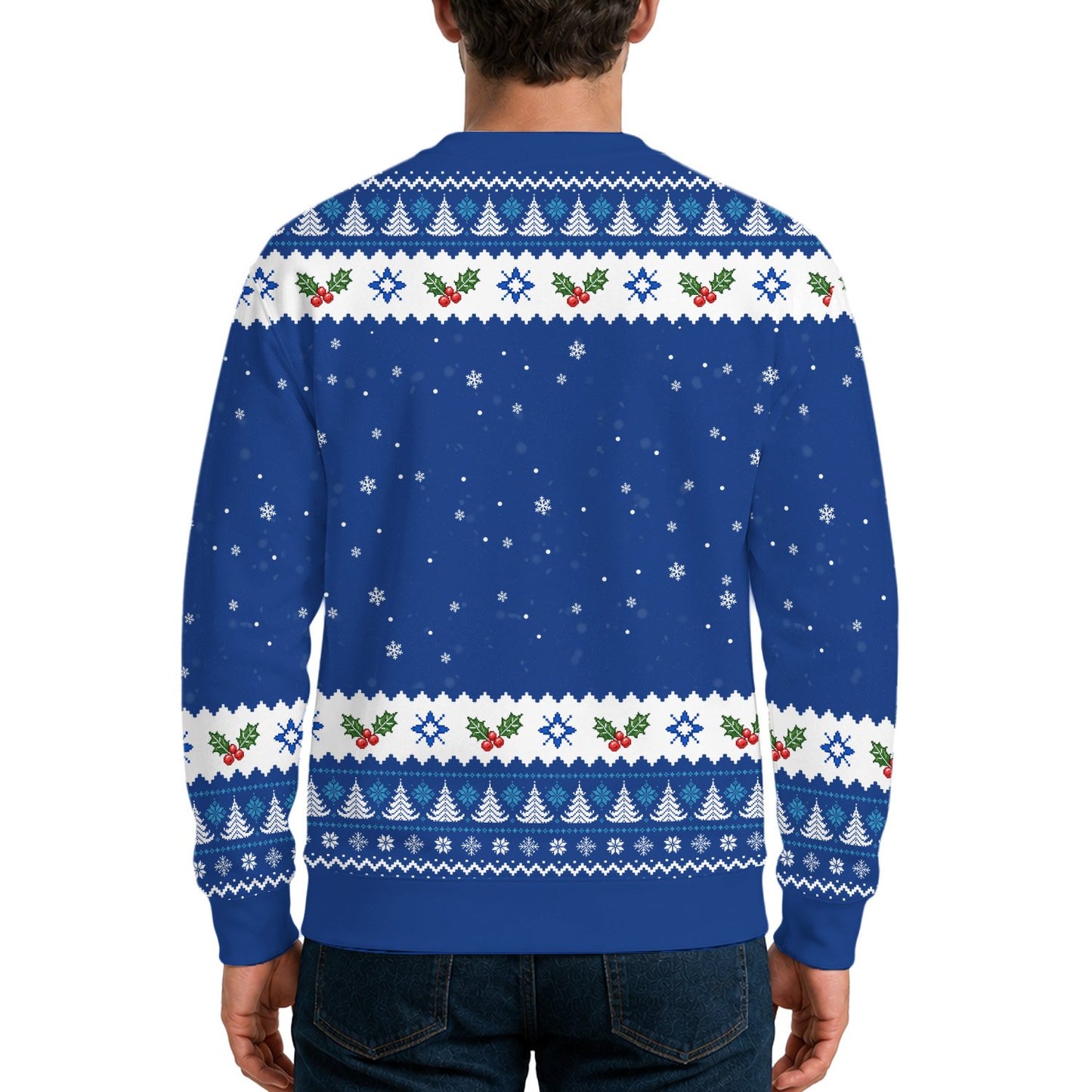 Close up of the back of the ugly christmas sweater blue design