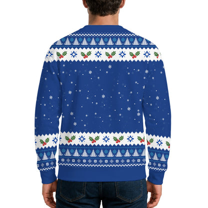 Close up of the back of the ugly christmas sweater blue design
