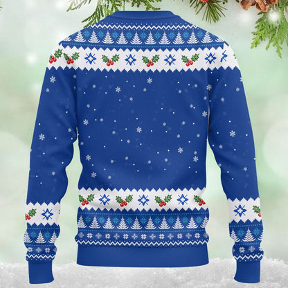 Full back view of the blue printed ugly sweater design