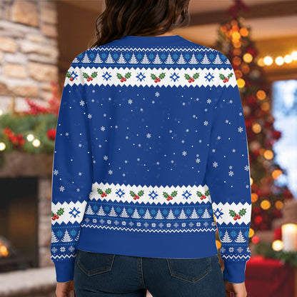 Back view of the blue ugly Christmas sweater design showing the festive holiday pattern