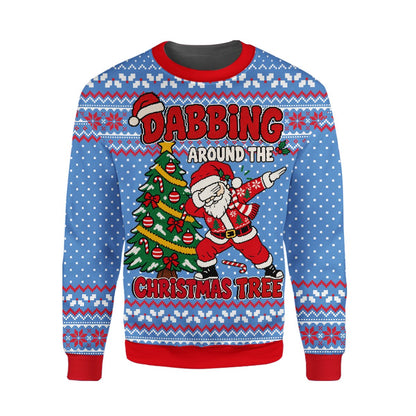 Blue holiday ugly sweater with white snow dots, front view