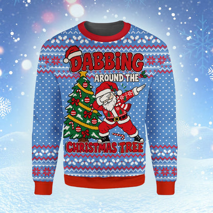 Blue holiday ugly sweater with dabbing Santa, alternate front view