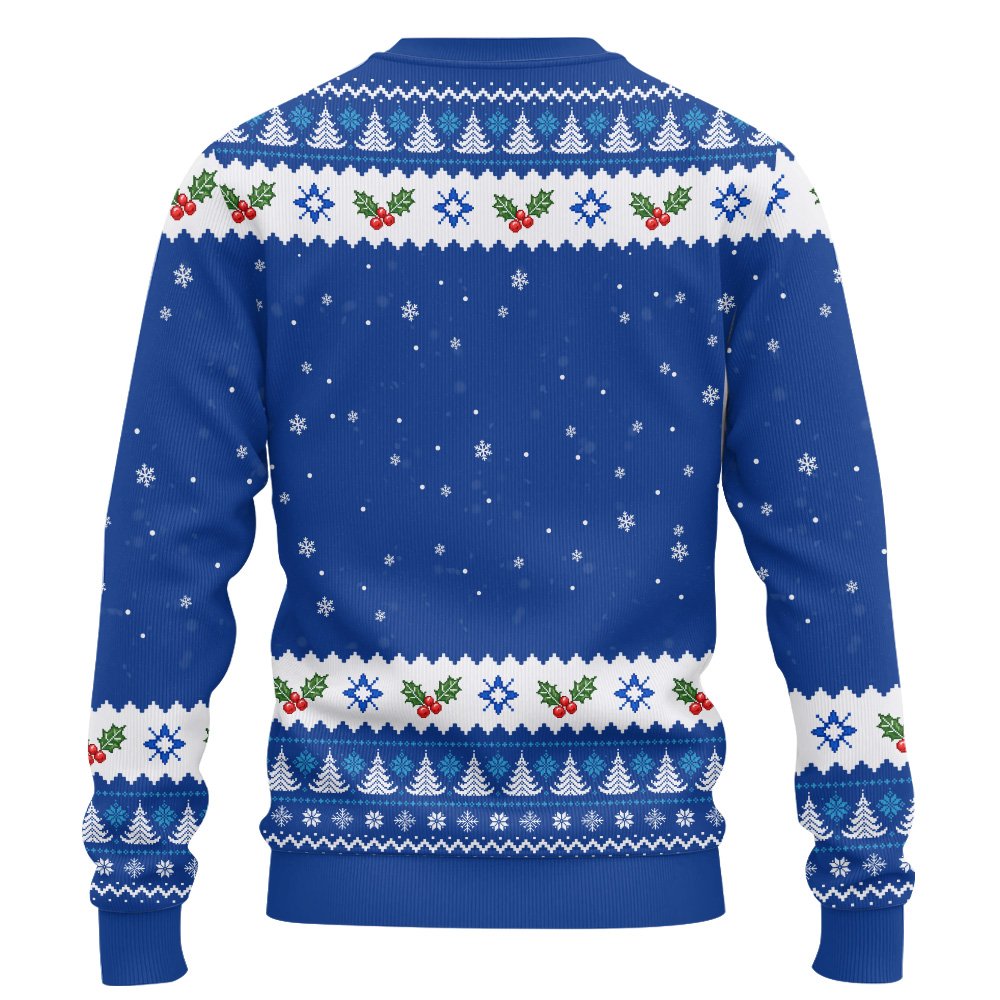 Front view of the blue ugly Christmas sweater featuring a printed pattern of white pixelated trees and snowflakes
