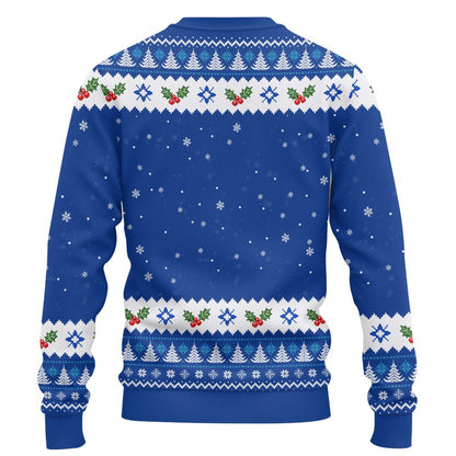 Front view of the blue ugly Christmas sweater featuring a printed pattern of white pixelated trees and snowflakes