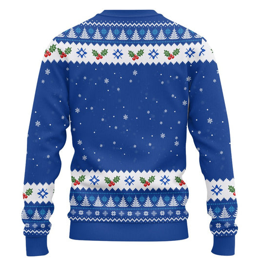 Front view of the blue ugly Christmas sweater featuring a printed pattern of white pixelated trees and snowflakes