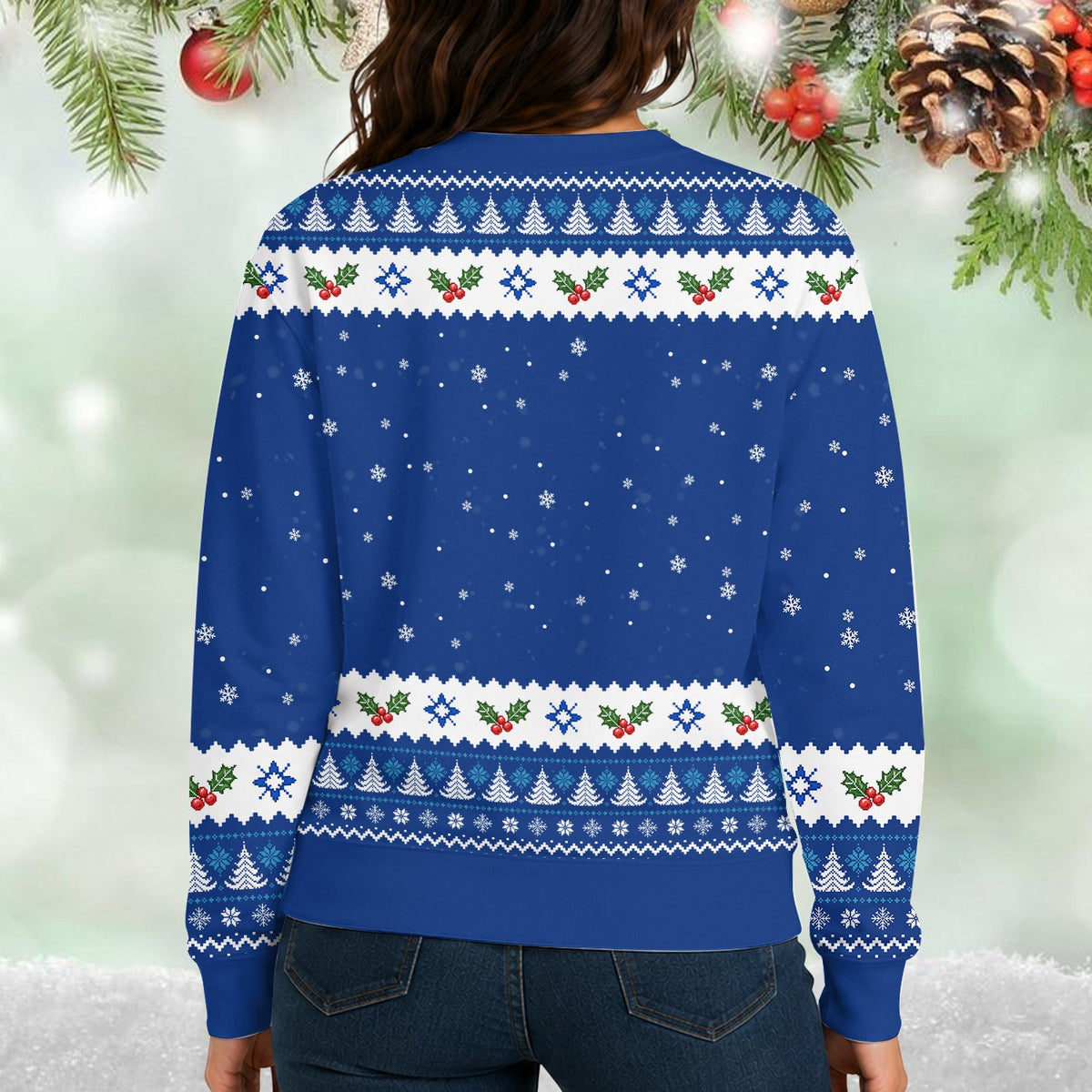 Lifestyle view of an adult wearing the blue ugly Christmas sweater