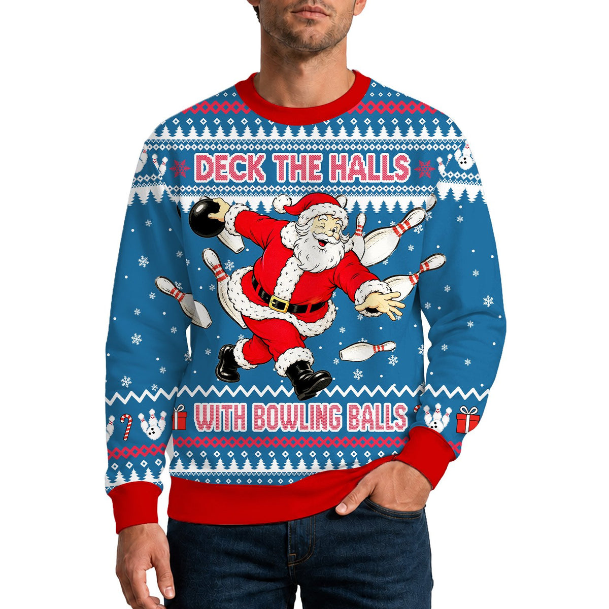 Back view of the blue ugly sweater showing festive patterns