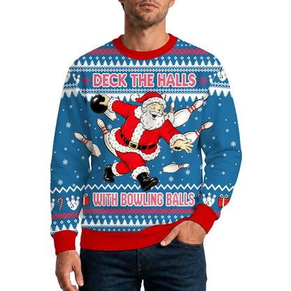 Back view of the blue ugly sweater showing festive patterns