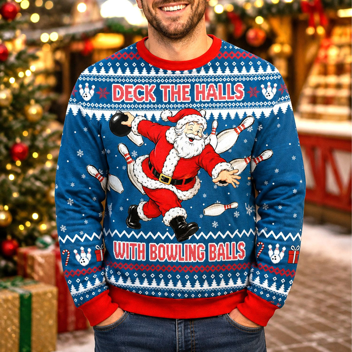 Alternate front view of the blue christmas bowling ugly sweater