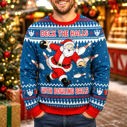 Alternate front view of the blue christmas bowling ugly sweater