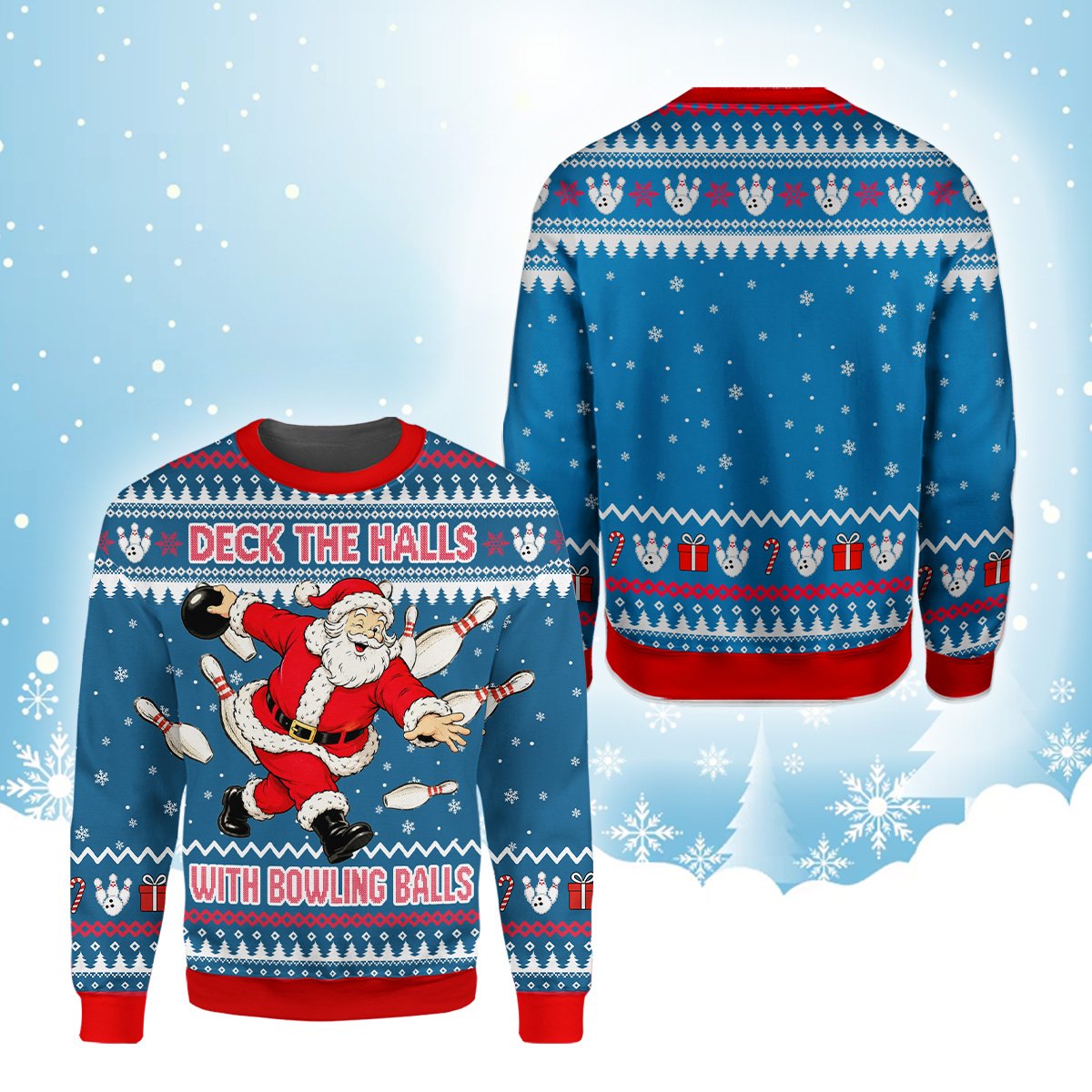 Detailed front view of the bowling pins and deck the halls text