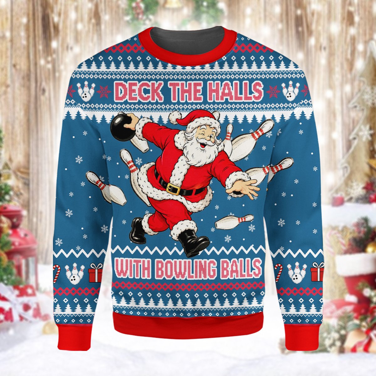 Close up front view of the fair isle snowflakes on the ugly sweater