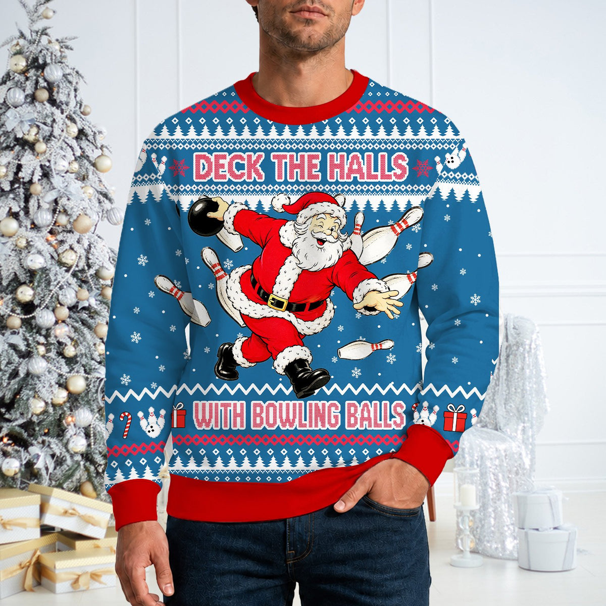 Front view of the blue holiday ugly sweater with bowling Santa