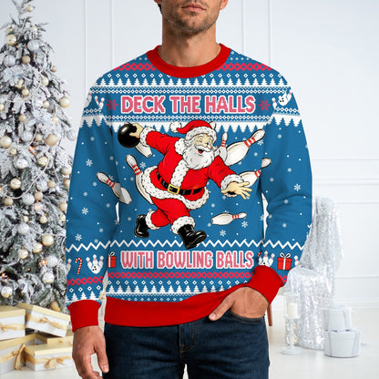 Ugly sweater bowling party design featuring Santa Claus on blue background, main view
