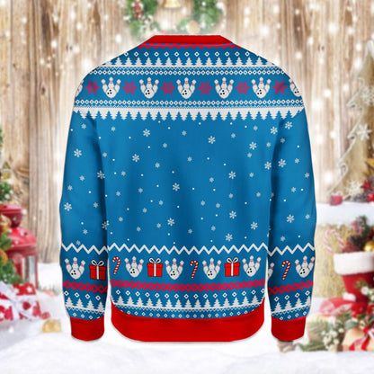 Lifestyle image of someone wearing the bowling ugly sweater