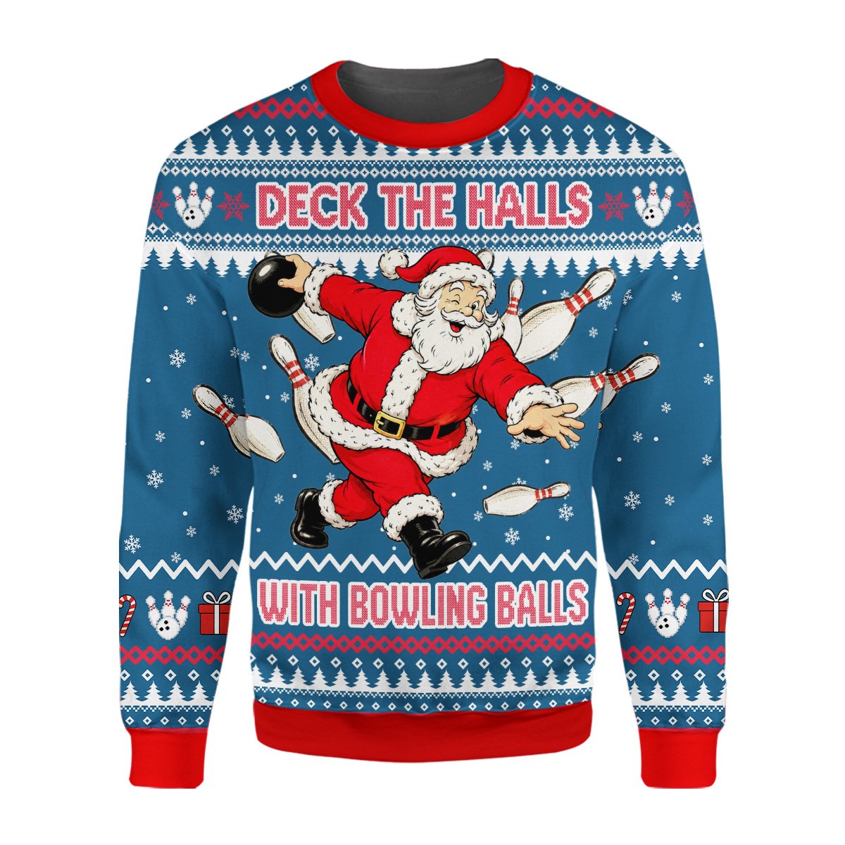 Detail view of the printed fabric on the blue holiday sweater