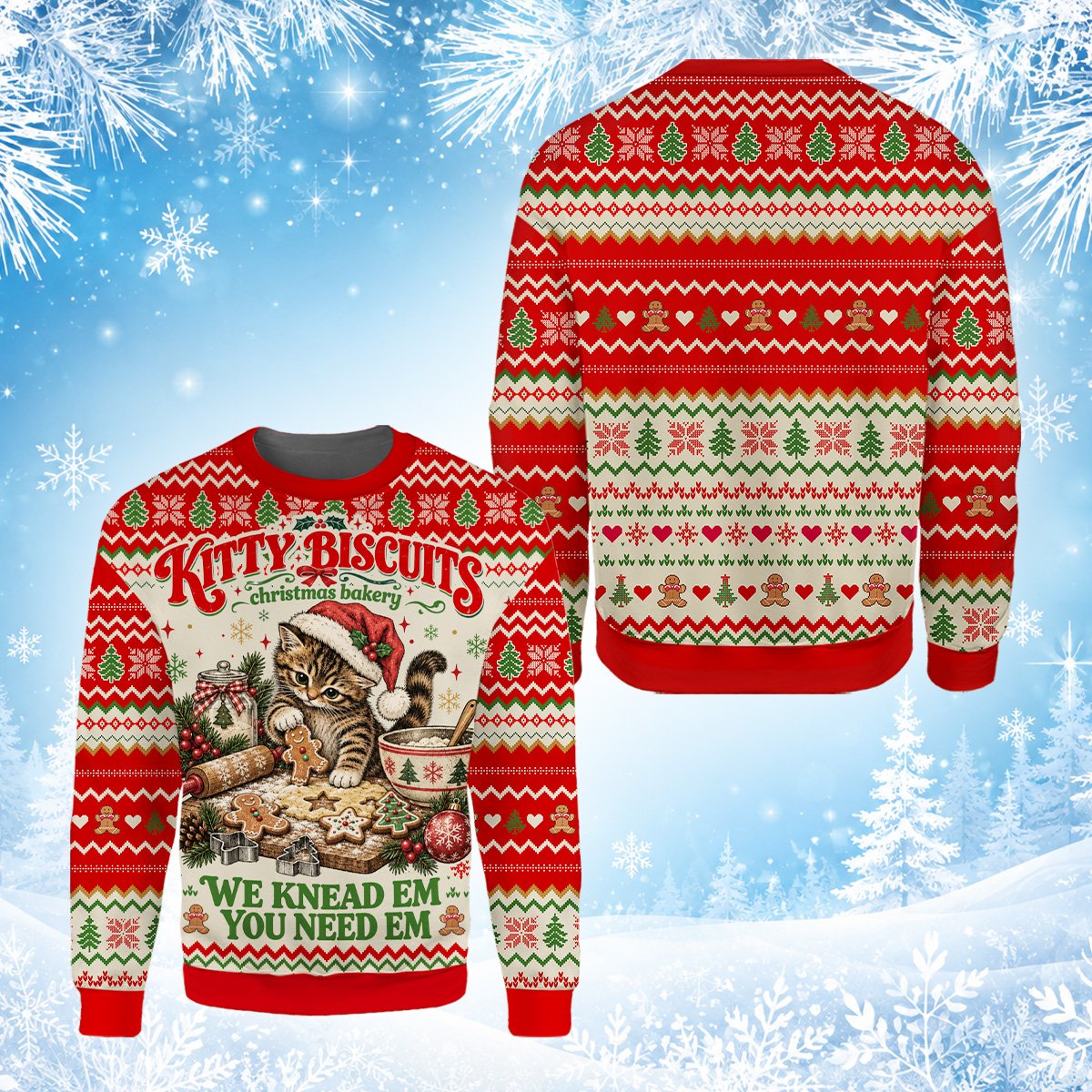 Green Christmas cat bakery ugly sweater front view