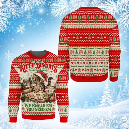 Green Christmas cat bakery ugly sweater front view