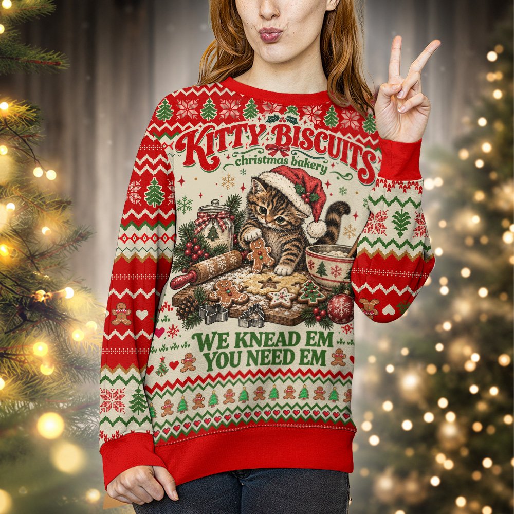 Lifestyle view of a person wearing the green Christmas cat bakery ugly sweater