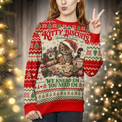 Lifestyle view of a person wearing the green Christmas cat bakery ugly sweater