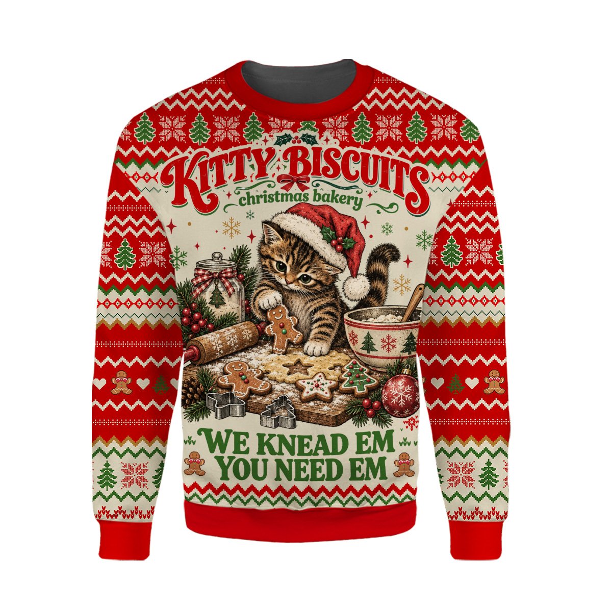 Close up front view of the multicolor Christmas cat bakery ugly sweater