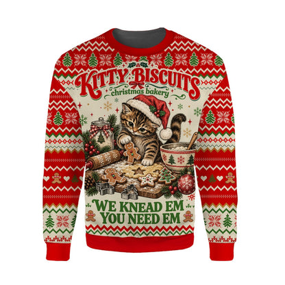 Close up front view of the multicolor Christmas cat bakery ugly sweater