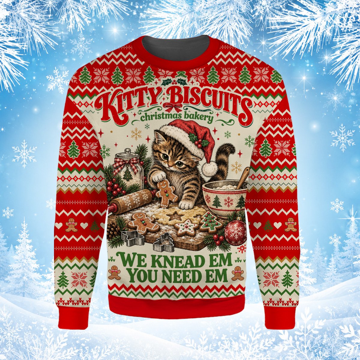 Multicolor Christmas cat bakery ugly sweater flat lay