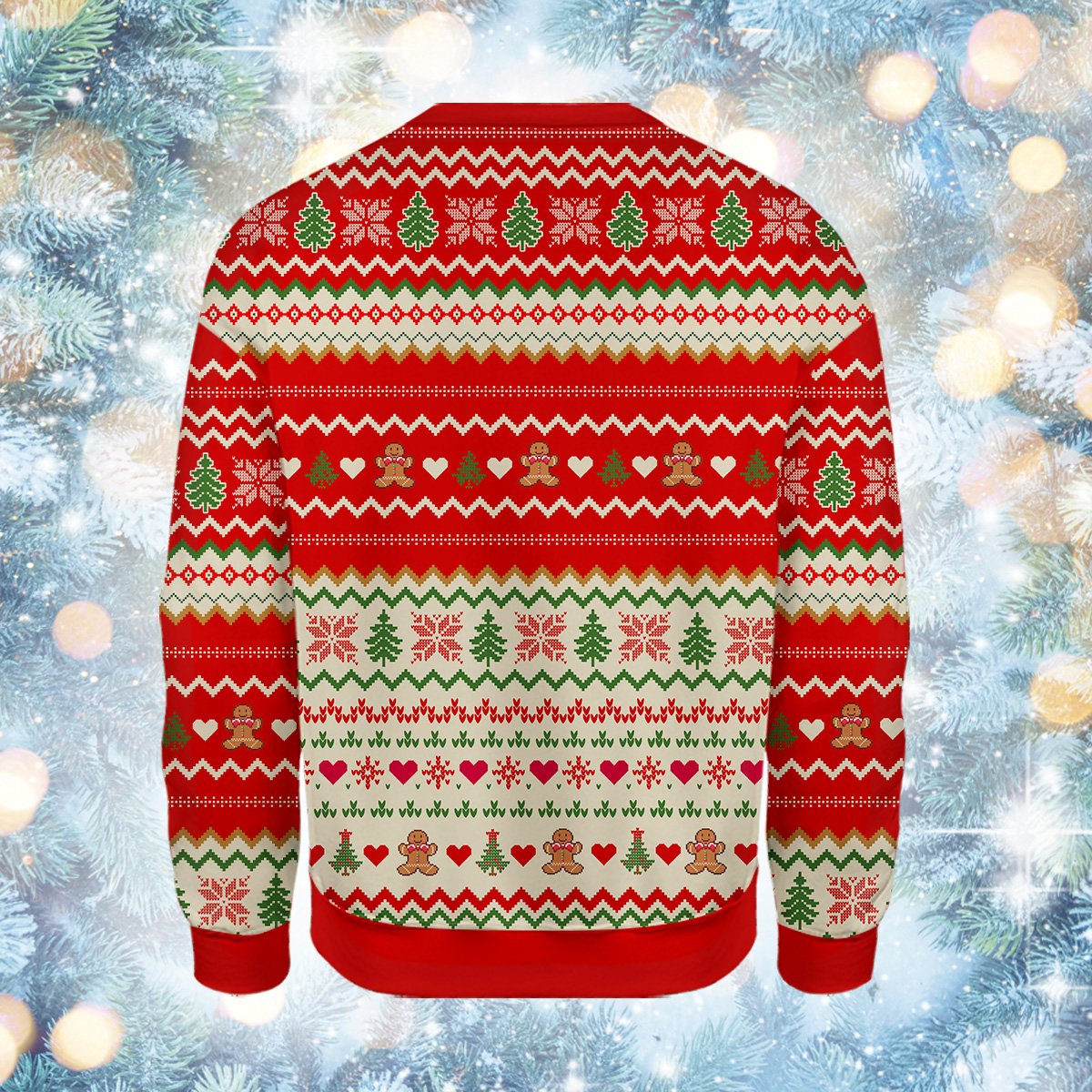 Back view of the red Christmas cat bakery ugly sweater