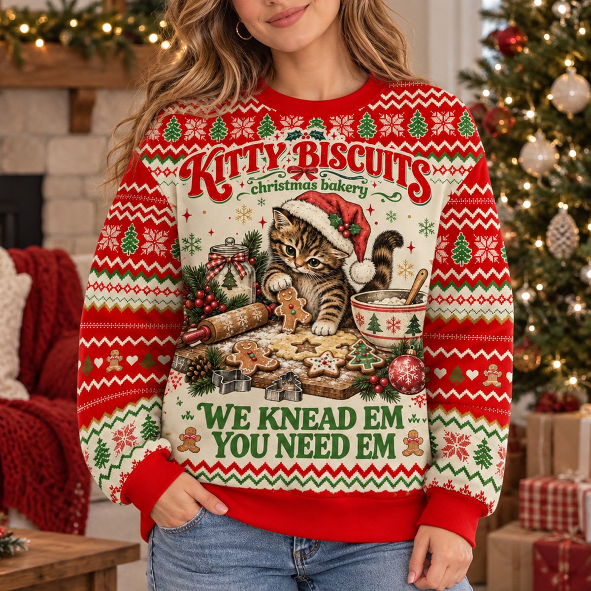 Person modeling the red Christmas cat bakery ugly sweater outdoors