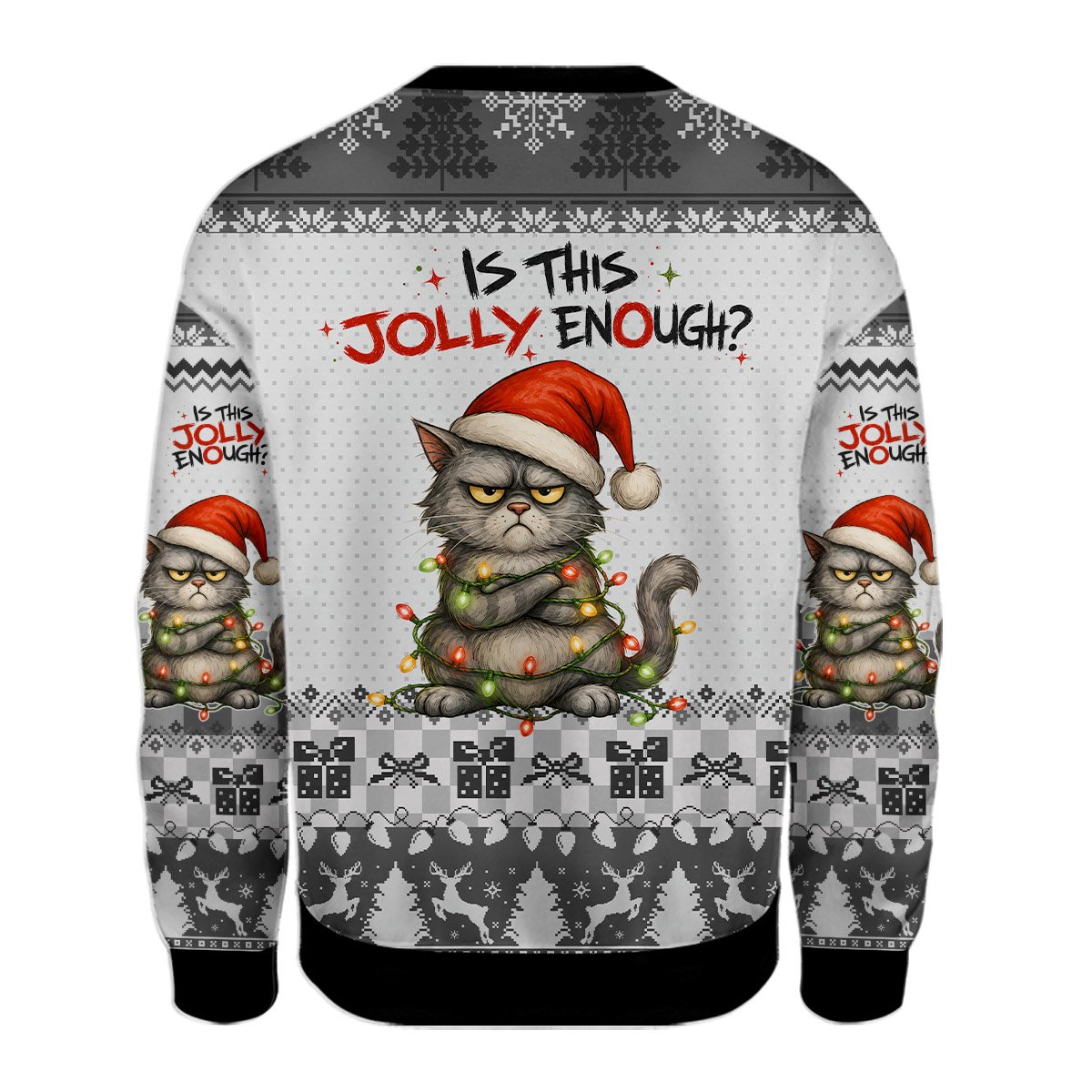 Back view of the gray christmas ugly sweater showing holiday pattern