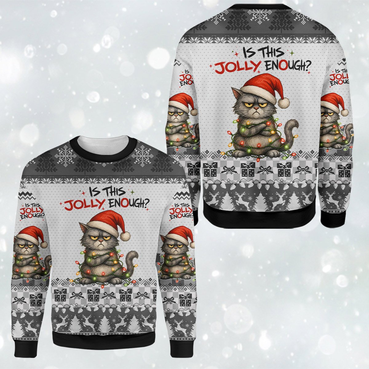 Detailed front view of the funny holiday ugly sweater
