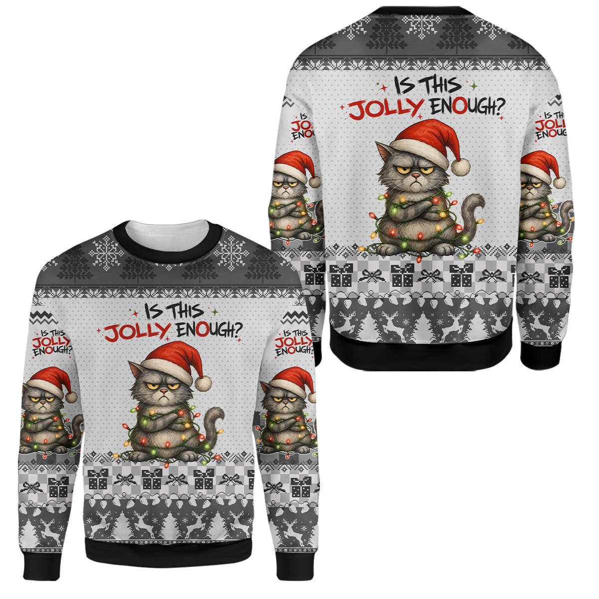 Gray christmas ugly sweater featuring a grumpy cat tangled in lights, main view