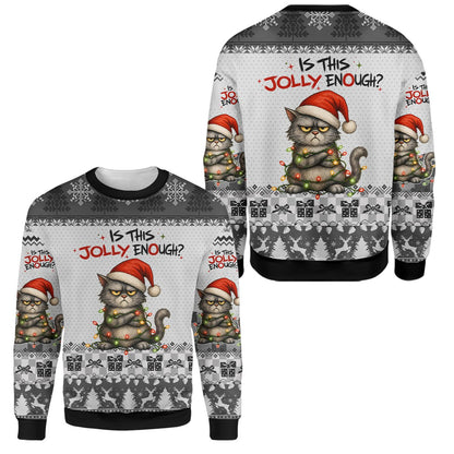 Gray christmas ugly sweater featuring a grumpy cat tangled in lights, main view
