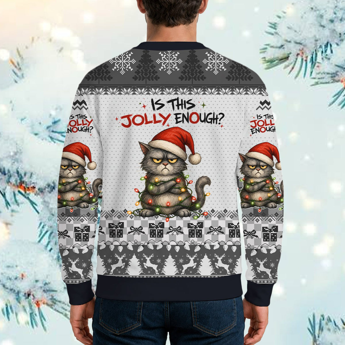 Third lifestyle image featuring the funny cat christmas ugly sweater