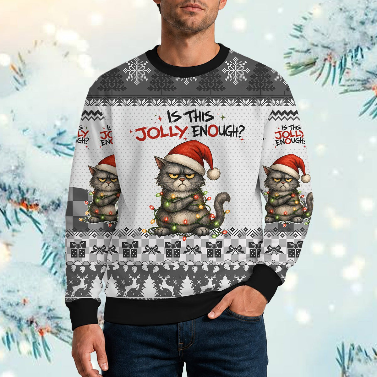 Fourth lifestyle shot showing the holiday ugly sweater in a festive setting