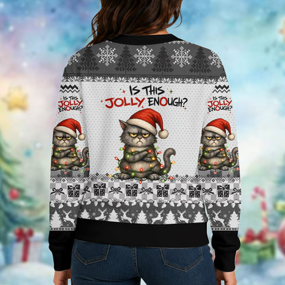 Lifestyle view of an adult wearing the grumpy cat holiday ugly sweater