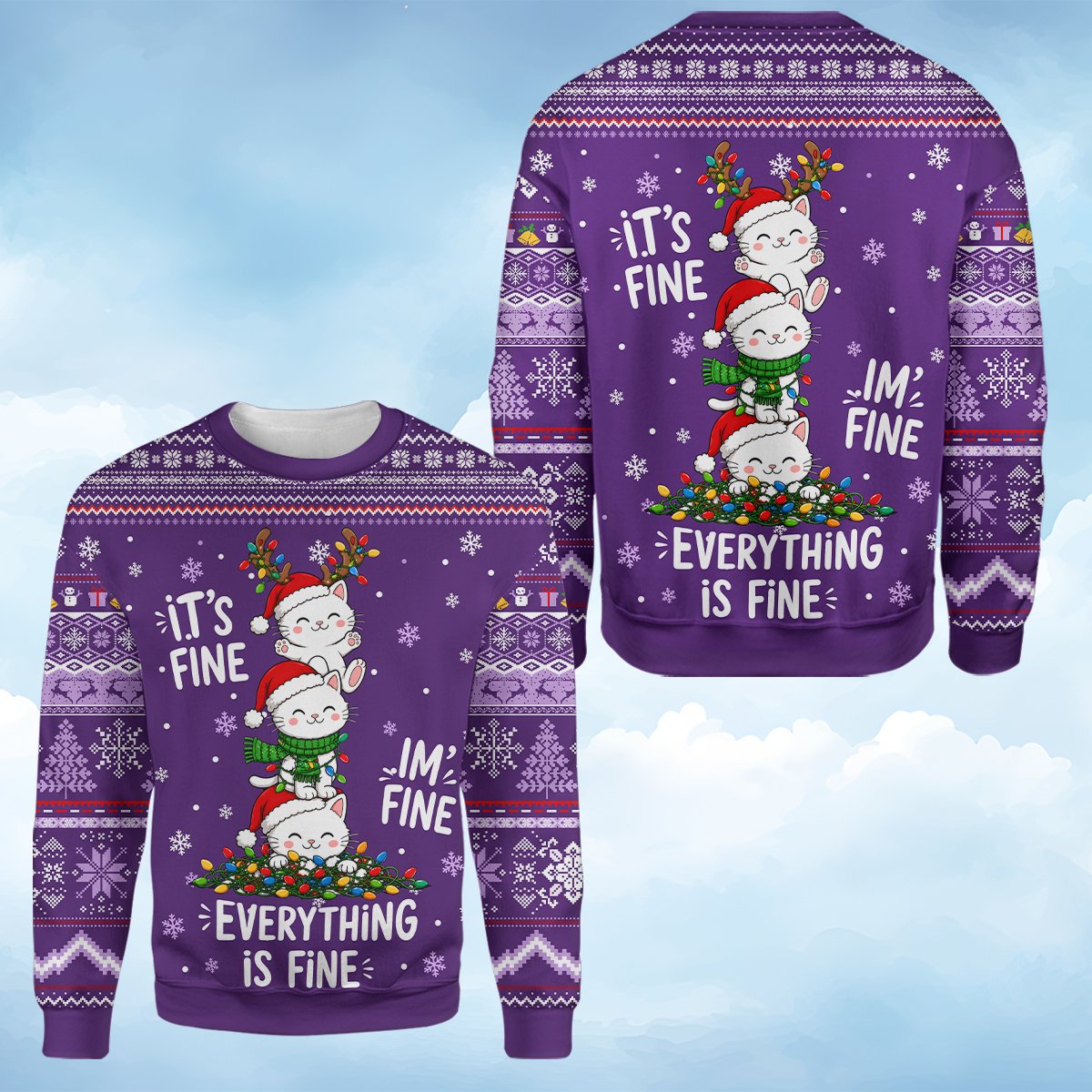 Close-up front view of the purple christmas ugly sweater