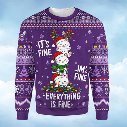 Angled front view of the holiday ugly sweater featuring cats