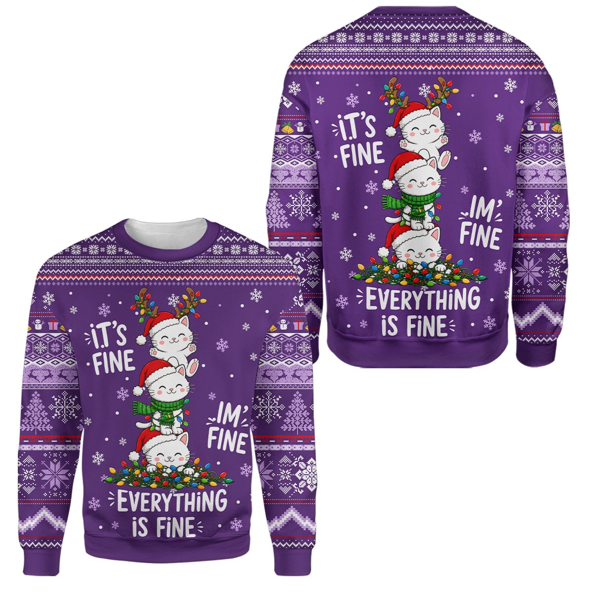 Front view of the purple ugly christmas sweater with funny cat design