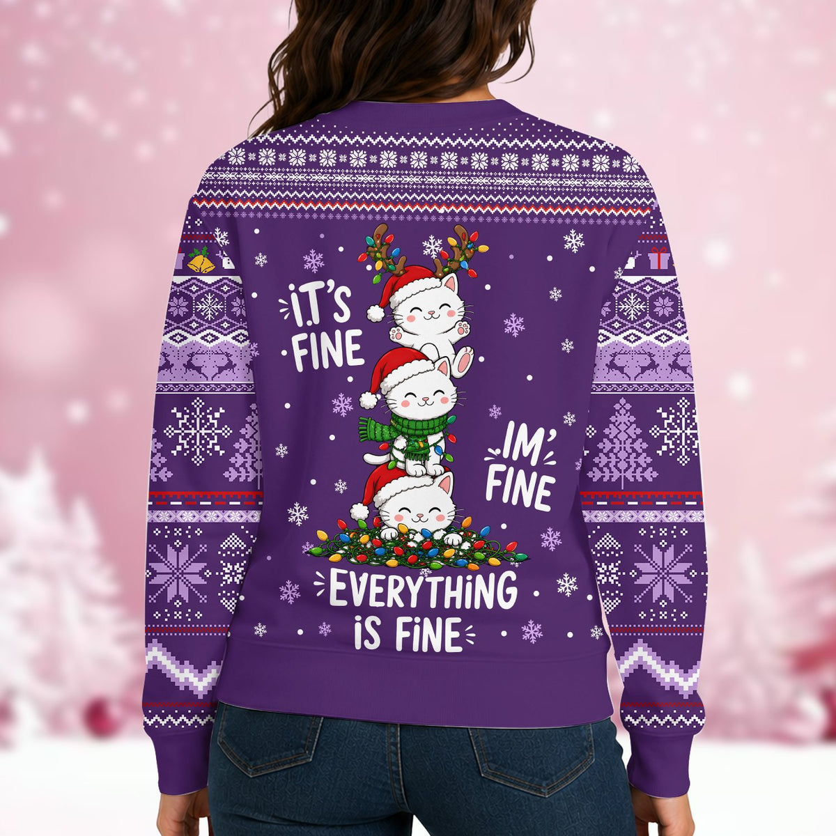 Second lifestyle image featuring the purple holiday sweater