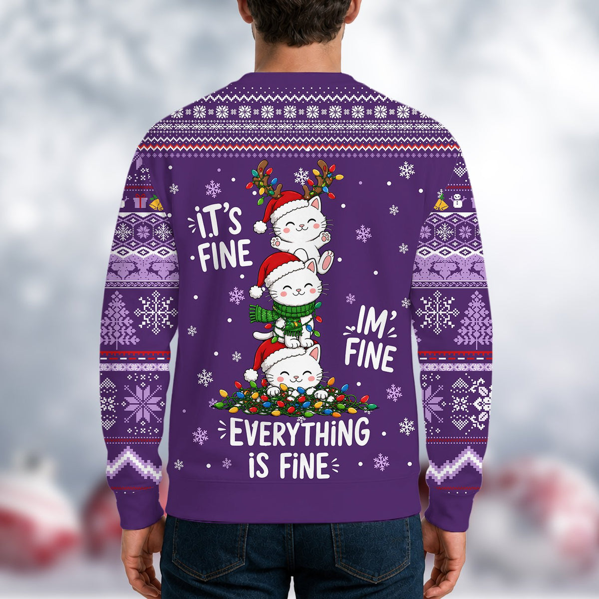Third lifestyle setting showing the ugly sweater in a festive environment