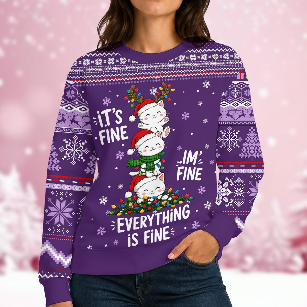 Lifestyle view of a person wearing the funny christmas cats sweater