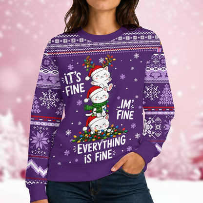 Lifestyle view of a person wearing the funny christmas cats sweater