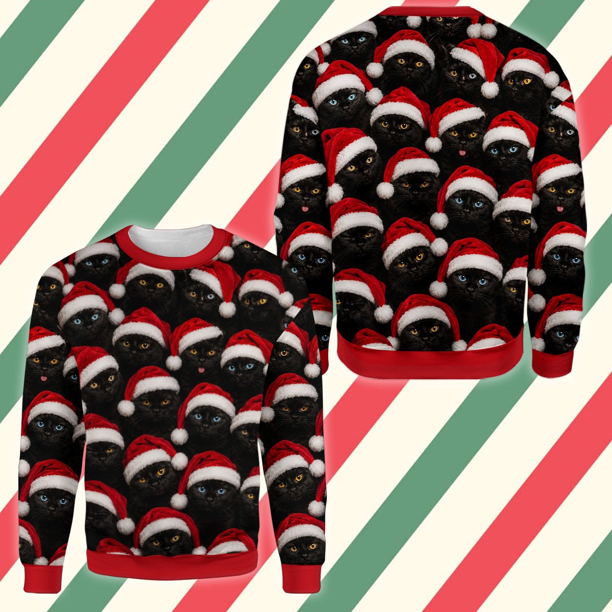 Close-up front view of the cat faces on the ugly sweater