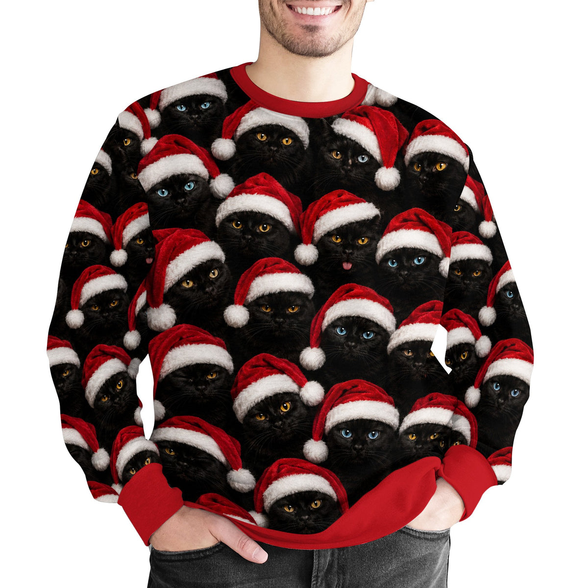 Fourth lifestyle view of the cat print ugly sweater
