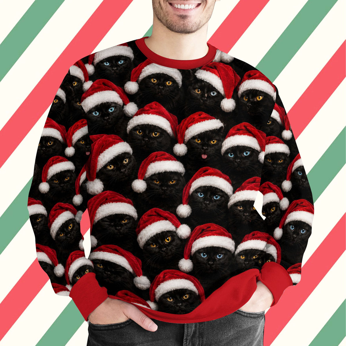 Sixth lifestyle view highlighting the festive cat design on the sweater